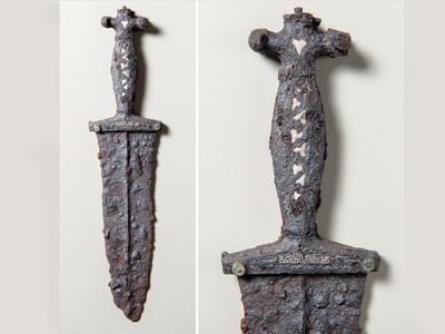 Inlaid with silver and brass, the ancient Roman dagger is in remarkably good condition.