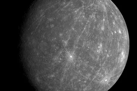 Mercury as seen&nbsp;by NASA&rsquo;s MESSENGER spacecraft during a flyby in 2008, before it began orbiting the planet.