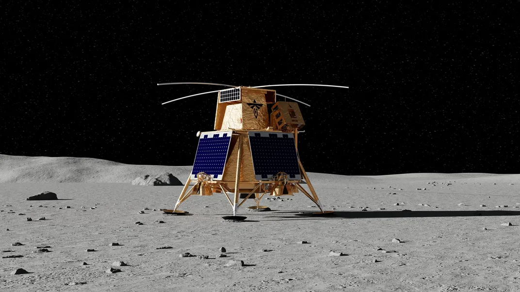 a spacecraft with a propeller on top sits on the moon (illustration)
