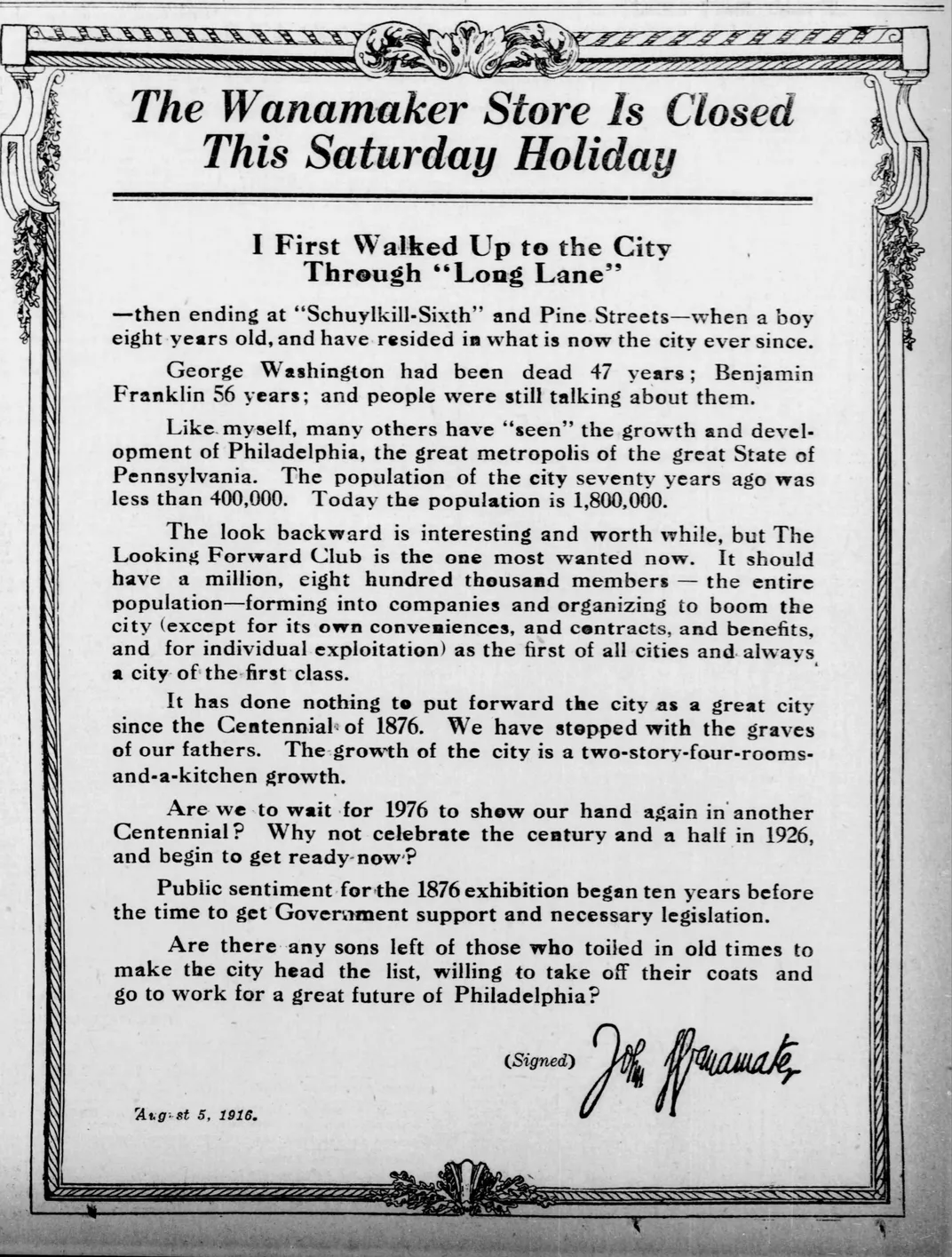 A John Wanamaker editorial calling for a 1926 sesquicentennial celebration