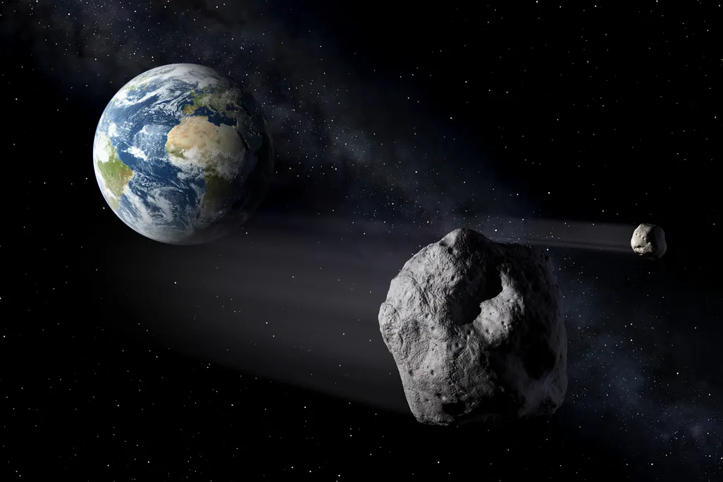 illustration of the earth, a massive asteroid, and a smaller asteroid
