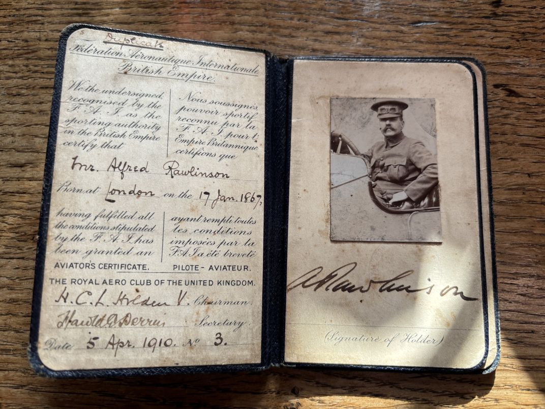 Toby Rawlinson’s 1910 aviator certificate, with a photograph of Rawlinson in his RAC uniform, at right, photographed at his granddaughter’s home in East Anglia.