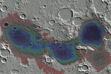 The Eridania Basin on Mars is about 3.7 billion years old. Seafloor deposits, which likely contain evidence of hydrothermal activity, are shown in color.