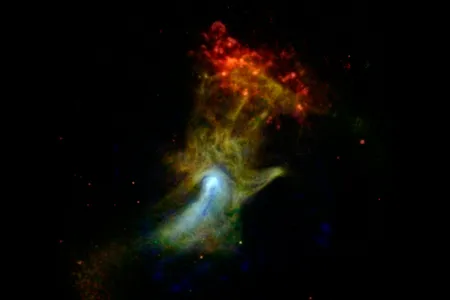 Nicknamed the Hand of God, this pulsar wind nebula is powered by a pulsar: the leftover, dense core of a star that blew up in a supernova explosion. Before astronomers had any idea what they were, Jocelyn Bell Burnell found the signal of a pulsar in her telescope data in 1967.