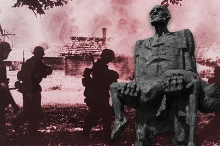 Occupying forces murdered all the inhabitants of 629 razed Belarusian villages, in addition to burning down another 5,454 villages and killing at least a portion of their residents. Pictured: A statue of Khatyn survivor Iosif Kaminsky in front of a Belarusian village destroyed in 1941