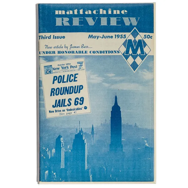 Blue and white printed cover of the Mattachine Review featuring New York skyline