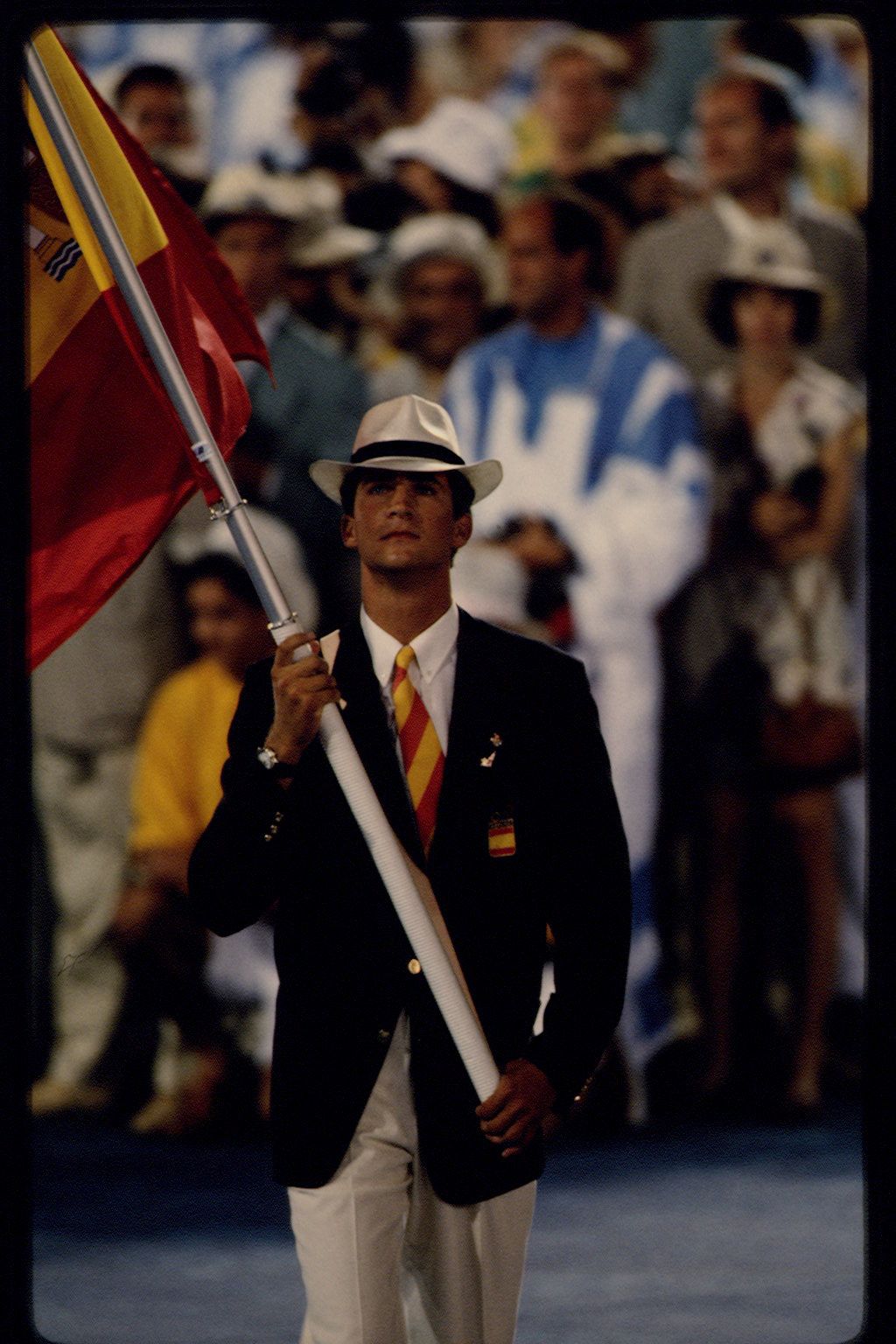 The future Felipe VI serves as Spain's official flagbearer at the 1992 Summer Olympics in Barcelona.