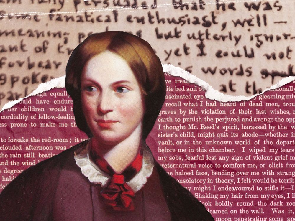 An illustration of Charlotte Brontë in front of text from "A Strange Occurrence" and "Jane Eyre"