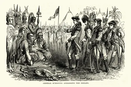 An illustration of British General John Burgoyne addressing a group of his Native allies