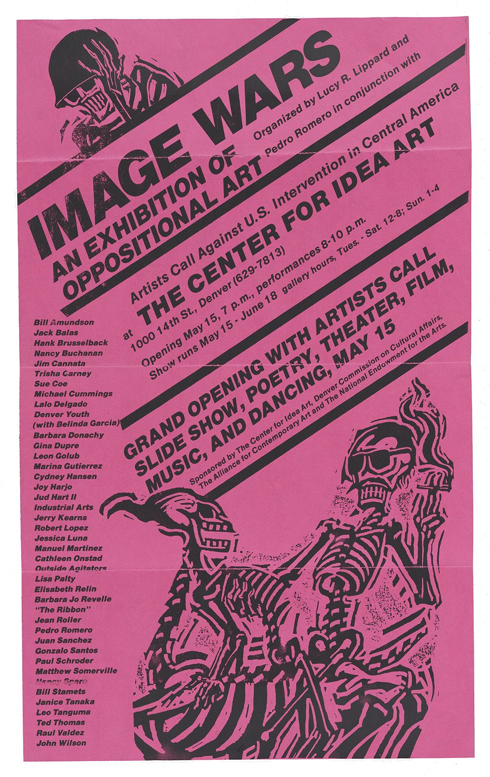 Flyer with text and graphics of skeletons printed in black ink on red paper.