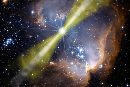 An artist's concept showing a "naked-eye" view of a GRB up close. Observations suggest that material is shot outward in a two-component jet (white and green beams). Credit: NASA/Swift/Mary Pat Hrybyk-Keith and John Jones
