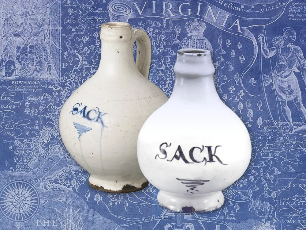 Illustration of bottles of sack wine in front of a map of colonial Virginia