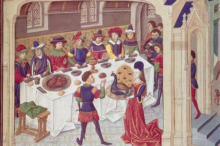 Mid 15th-century diners sit down to an elaborate meal in this illustration from an anonymous artist.