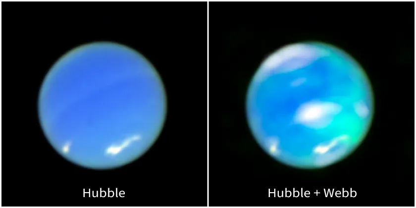 side-by-side images of Neptune, with the one at the right showing splotches of cyan (auroras) and white clouds