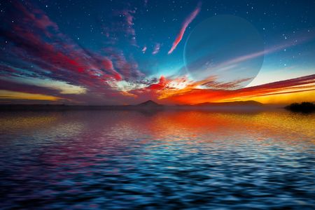 This artist's depiction shows a gas giant planet akin to Jupiter rising over an alien ocean. 