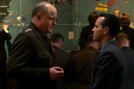 Brendan Fraser (left) as Dwight D. Eisenhower and Andrew Scott (right) as James Stagg in&nbsp;Pressure, a new WWII drama about the weather forecast for D-Day