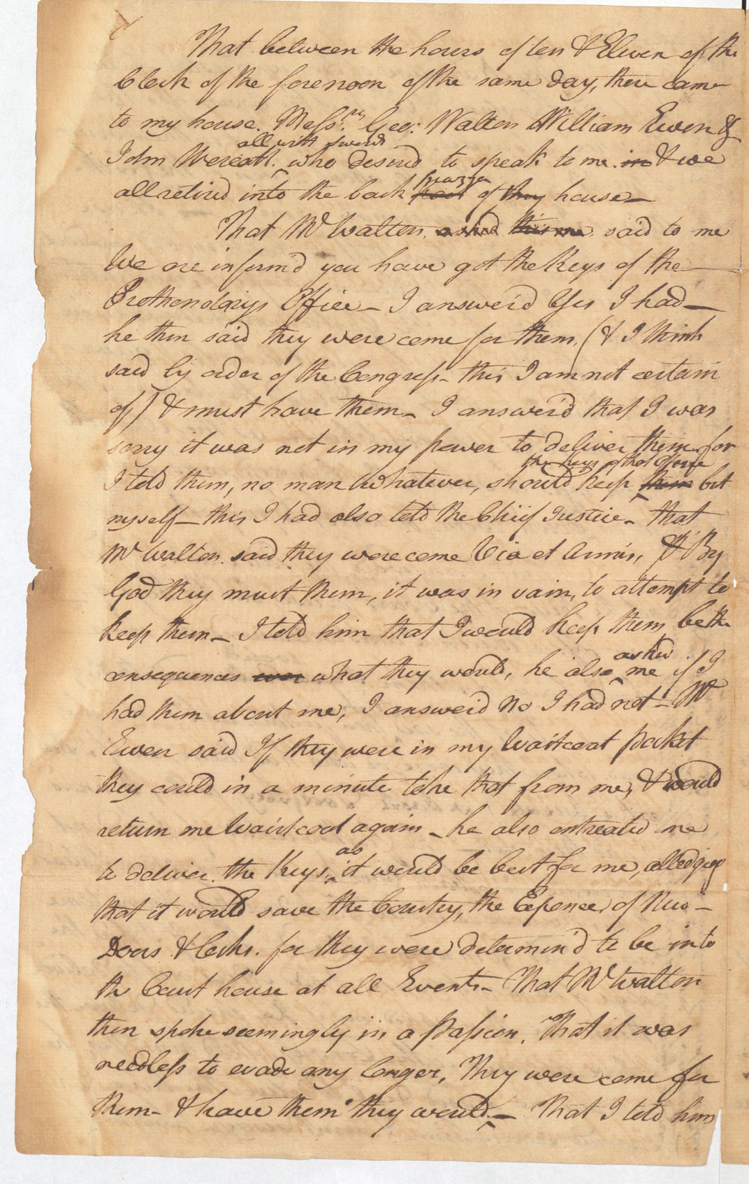 A page from Henry Preston's account of the “keys of the courthouse being demanded and the records taken away”
