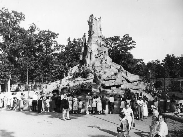 Visitors gather at the foot of Monkey Mountain, an attraction at Frank Buck's Jungle Camp in Massapequa, New York, around 1939.