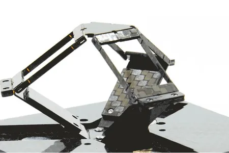 This graspable haptic device, called Foldaway, is the size of a drink coaster when flat, making it conveniently portable. The user places a joystick where the three hinged arms meet, and the arms offer resistance, to give a sense of the objects being manipulated.