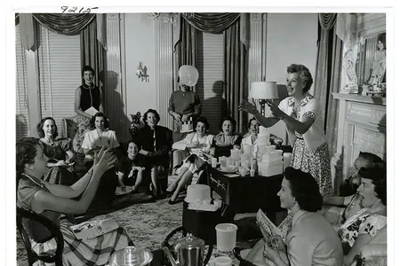 To demonstrate Tupperware's patented seal, Brownie Wise tosses a bowl filled with water at a party.