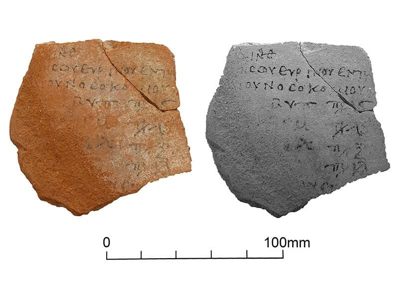 Photograph of an ostracon mentioning the renovation of the nosokomeion (hospital)