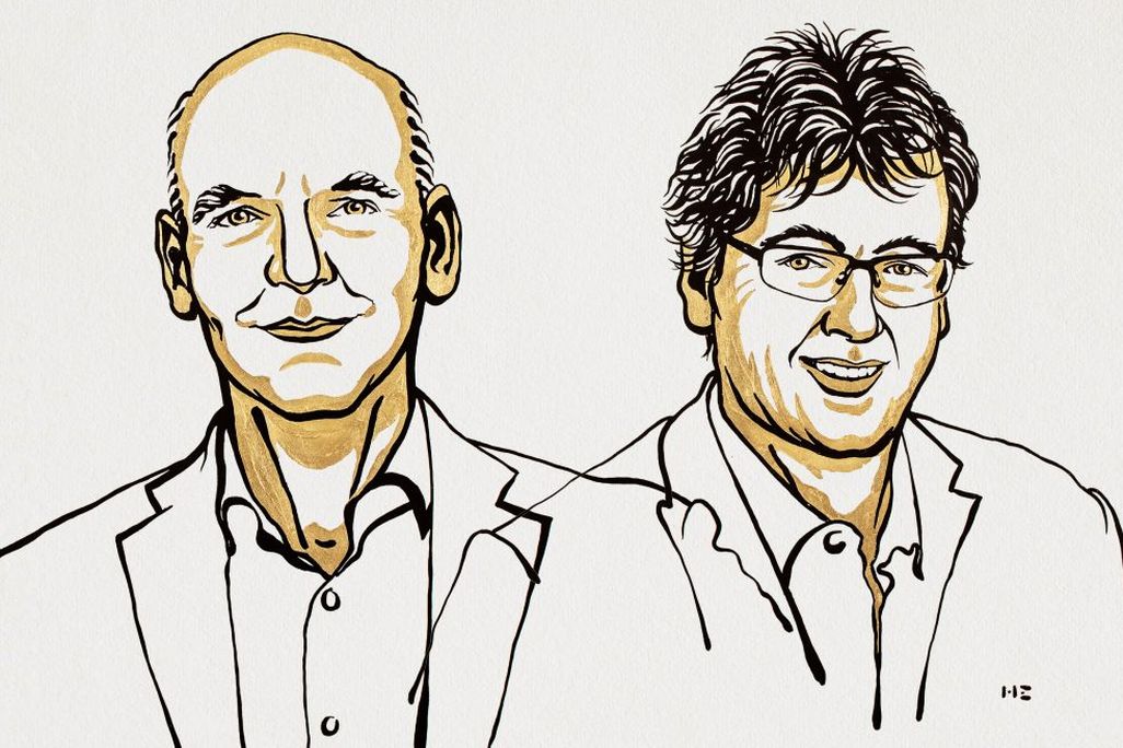 A black and yellow line drawing illustration of the two male winners