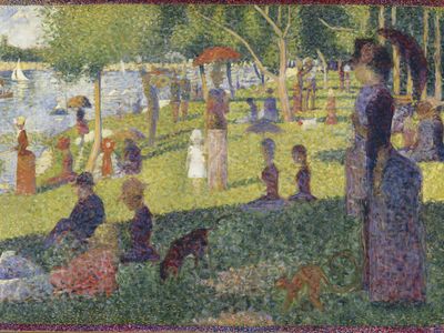 Georges Seurat's Pointillist "Study for 'A Sunday on La Grande Jatte'" exhibits high levels of entropy but low levels of complexity