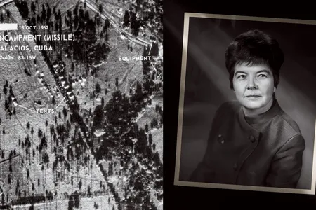 In the background, a photograph taken by an American U-2 spy plane over Cuba on October 14, 1962, shows a secret deployment of Soviet nuclear-armed ballistic missiles. Right, Juanita Moody, head of the National Security Agency’s Cuba desk.