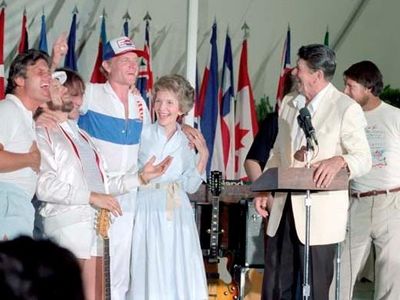 President Ronald Reagan and First Lady Nancy Reagan meet with the Beach Boys a few months after Reagan's Secretary of the Interior announced that rock bands attracted "the wrong element."