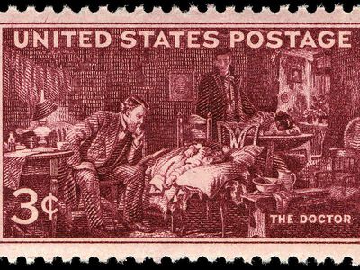 Doctors AMA Centennial 3-cent 1947 issue U.S. stamp, commemorating the 100th anniversary of the founding of the American Medical Association (AMA).