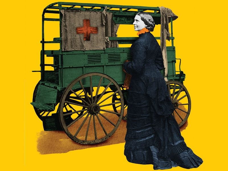 A colorful illustration of Clara Barton with her ambulance