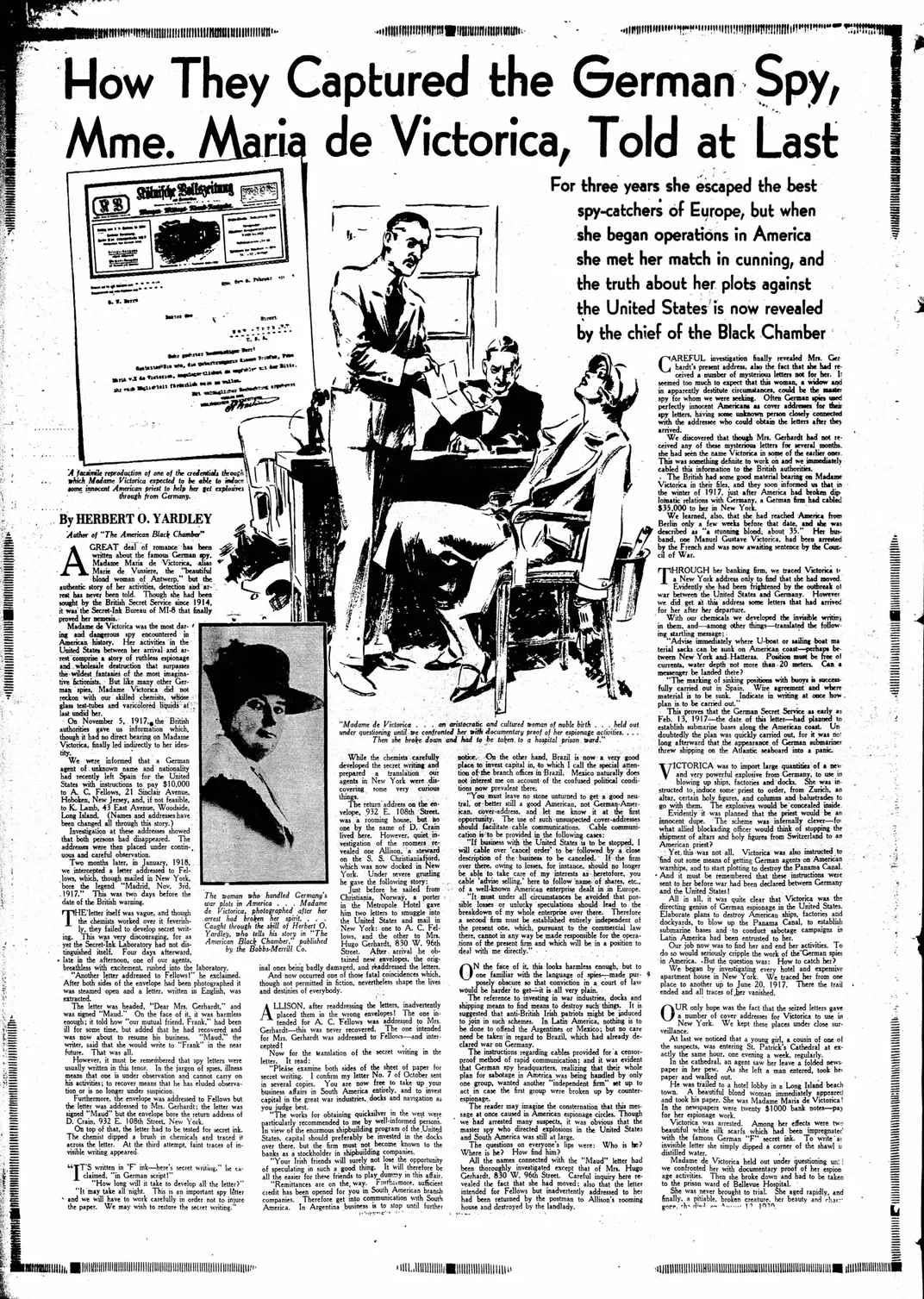 A 1931 newspaper article by Yardley about the Black Chamber's efforts to capture Maria de Victorica