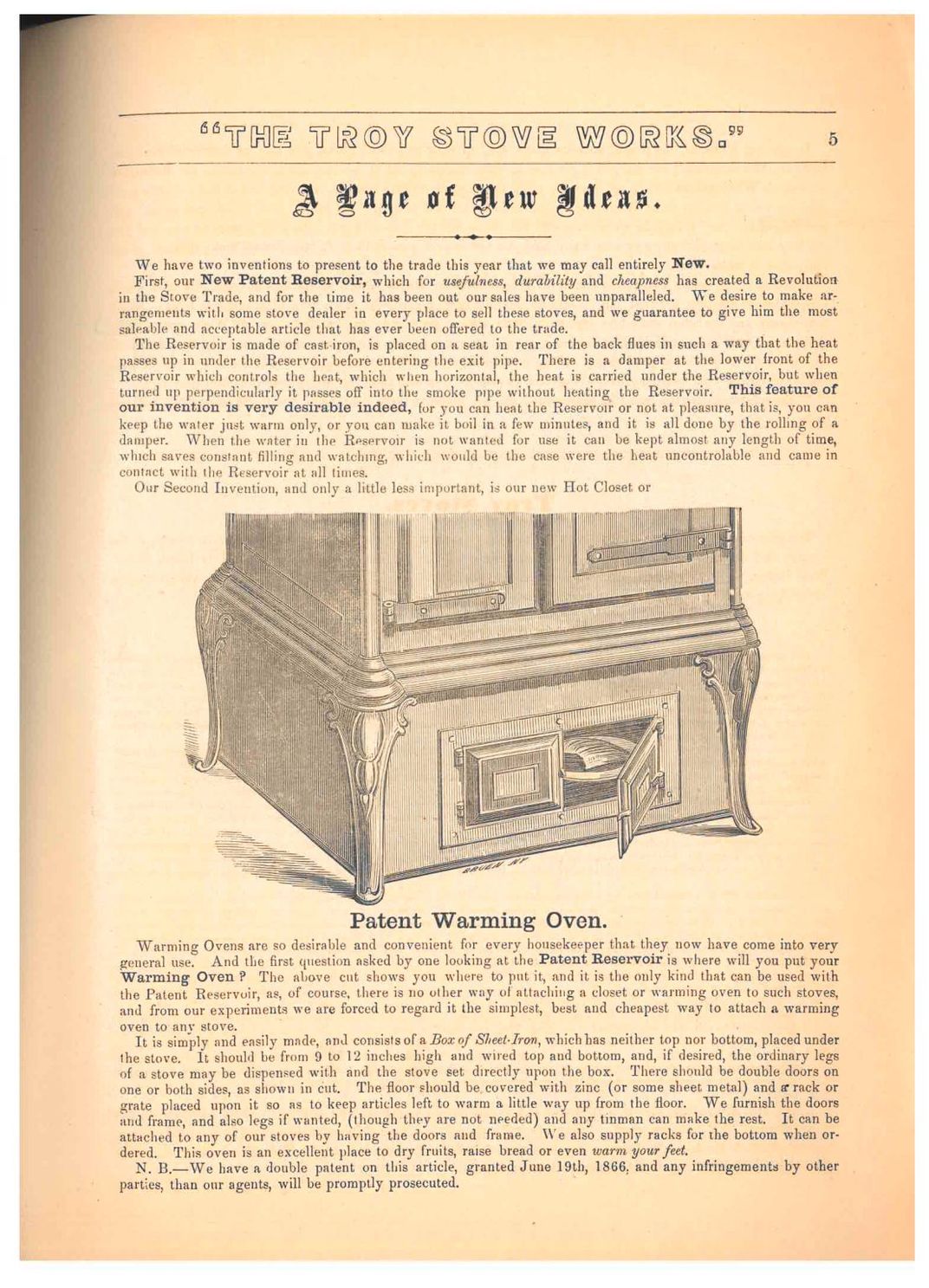 Page from trade catalog with text and illustration of small warming oven under stove