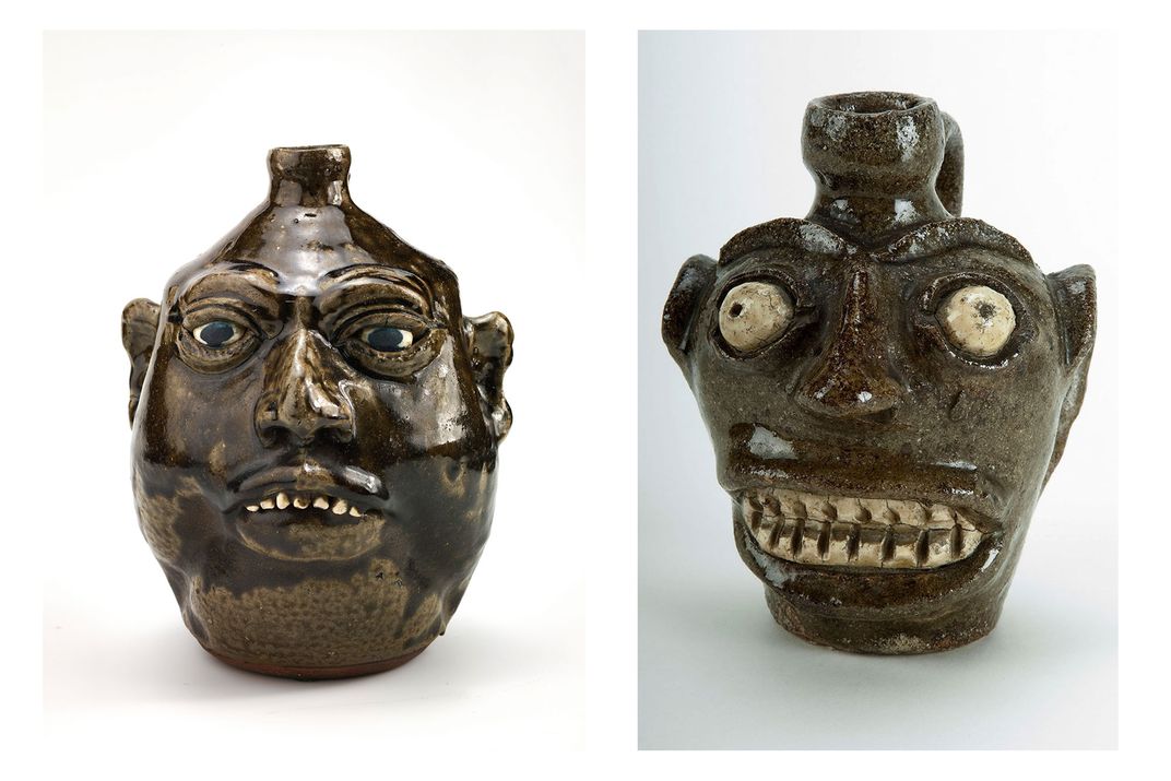 Left: Glazed ceramic jug in the likeness of a human face, with dark skin and white eyes and teeth. The nose, ears, and brow are protruding. Right: Glazed ceramic jug in the likeness of a human face, with dark skin and white eyes and teeth. 