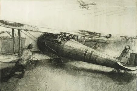 Harry Townsend sketched crews pushing aircraft into position after an alert.