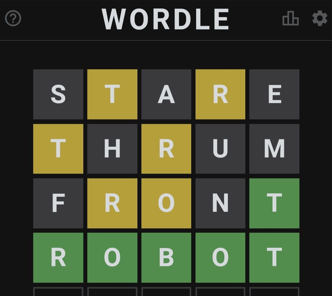 Una captura de pantalla de un juego de Wordle, con la solución "Robot"