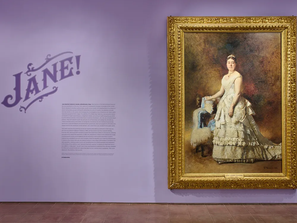 A portrait of Jane Stanford next to wall text about her life
