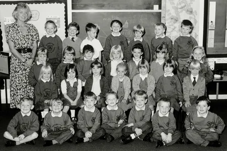 On March 13, 1996, a gunman murdered 16 students and their teacher at Dunblane Primary School in Scotland. Pictured: the class of 5- to 6-year-olds and their teacher, Gwen Mayor