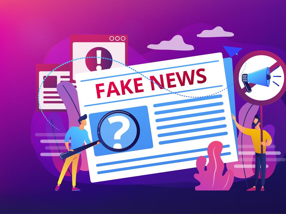 graphic showing a cartoon with a magnifying glass inspecting a newspaper with the headline 'Fake News'