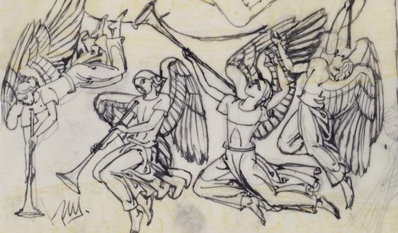 Paul Manship, Four Angels (sketch for Altar Triptych, American Military Cemetery, Anzio, Italy), ca. 1955, pen and ink and pencil on paper, Smithsonian American Art Museum, Bequest of Paul Manship, 1966.47.147