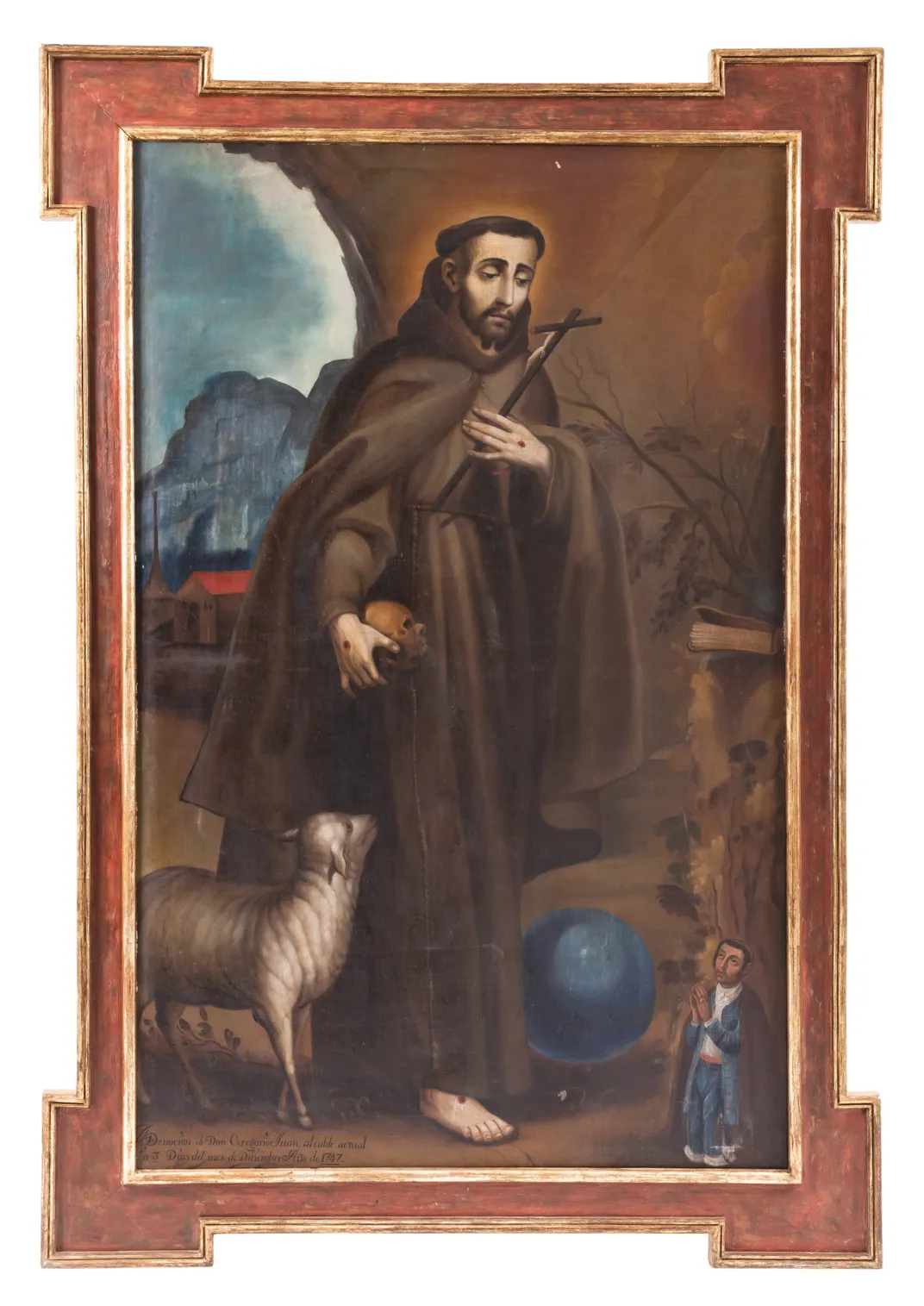 Close-up of oil painting of a man with a lamb