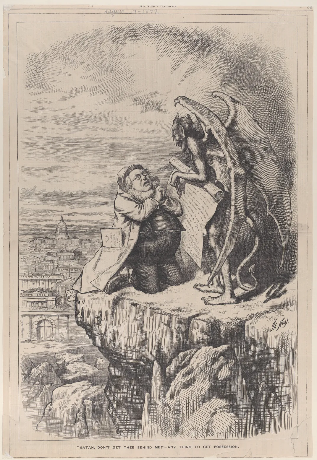 A Thomas Nast cartoon satirizing Greeley's alliance with the Democrats