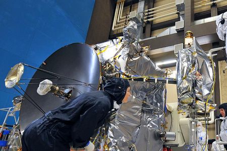 Engineers check out the Mars-bound MAVEN spacecraft in March 2013.