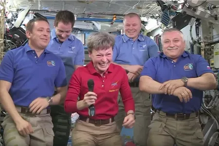 Laughing to keep from crying, Peggy Whitson says goodbye to crewmates Thomas Pesquet (back left) and Oleg Novitskiy (back right), with Jack “2Fish” Fisher and Fyodor Yurchikhin by her side.