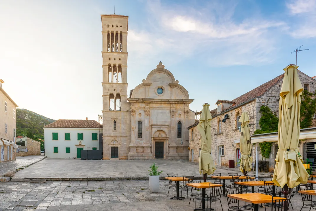 Cathedral of St. Stephen at main plaza of Old Town, Hvar