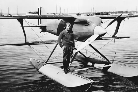 Jimmy Doolittle with his Curtiss R3C-2 Racer, the plane in which he won the 1925 Schneider Trophy race.