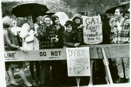 From left to right: Sylvia Rivera, Marsha P. Johnson, Jane Vercaine, Barbara Deming, Kady Vandeurs, Carol Grosberg and others lead a protest at City Hall