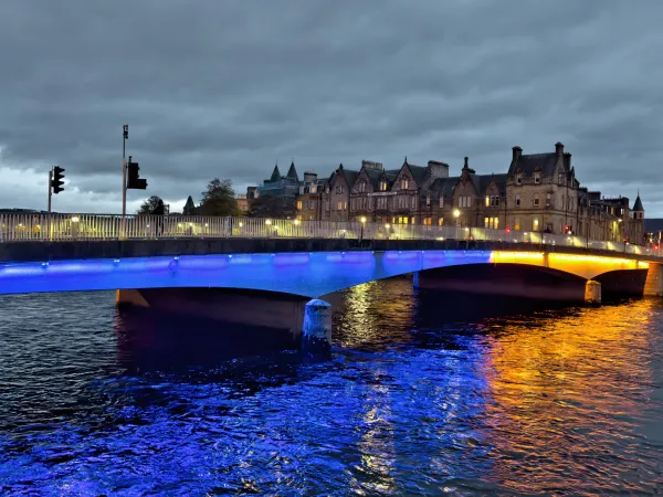 Inverness Scotland Bridge with Blue & Yellow Night Lights Supporting Ukraine thumbnail