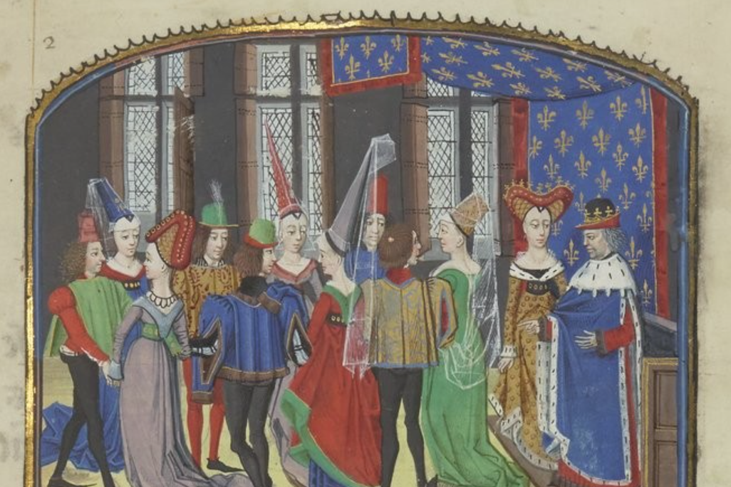 A colorful illuminated scene of young men and women, all in tall pointed hats and the men in tights and pointed shoes, gathered in front of two figures that appear to be a king and queen