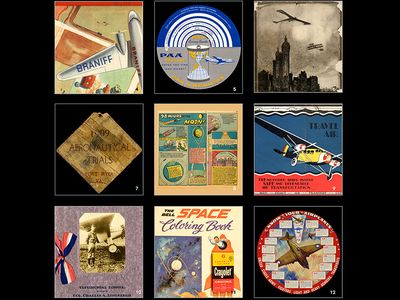 1) Pan American Airways baggage label, c. 1937; 2) French airplane brochure, c. 1910; 3) Coloring book, 1930; 4) Airline brochure, 1941; 5) Pan Am foreign currency converter, 1957; 6) Program from the 1910 Belmont Park air meet; 7) Entrance badge, Wright Military Flyer trials, 1909; 8) 1945 comic; 9) West Coast Air Transport timetable, c. 1928; 10) Menu from a 1927 dinner in Charles Lindbergh’s honor; 11) Coloring book, early 1960s; 12) Aircraft recognition dial, 1942; 
